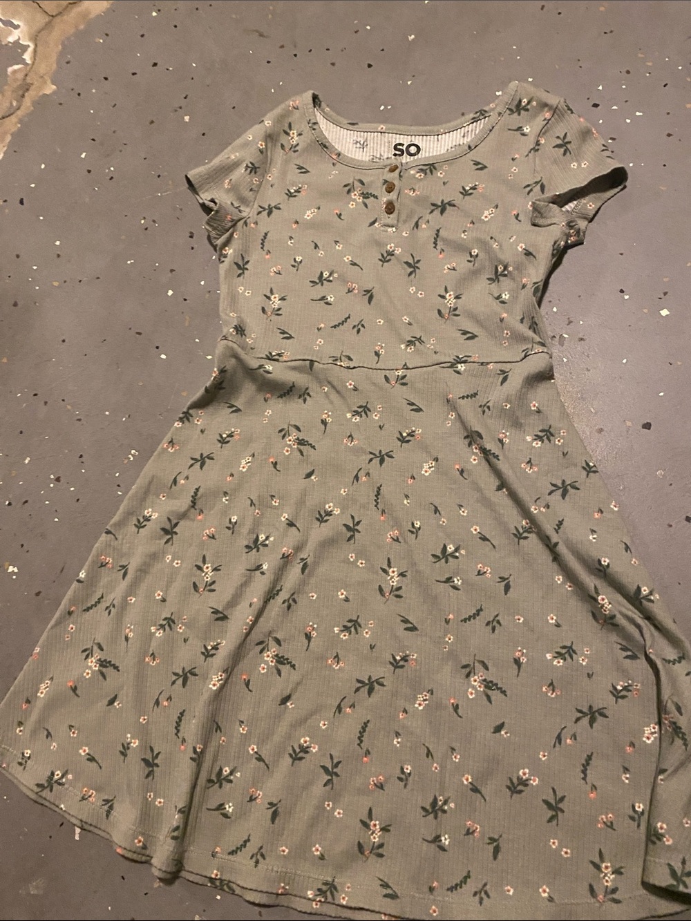 SO Girls Sage Green Floral Ribbed Dress
